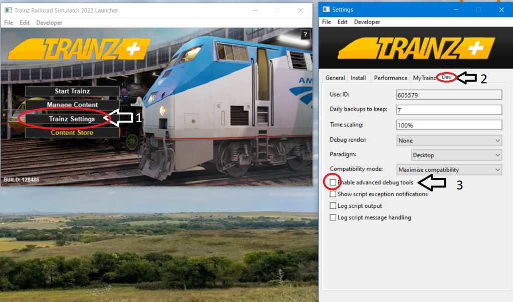 Image showing the steps required to enable debugging tools in Trainz